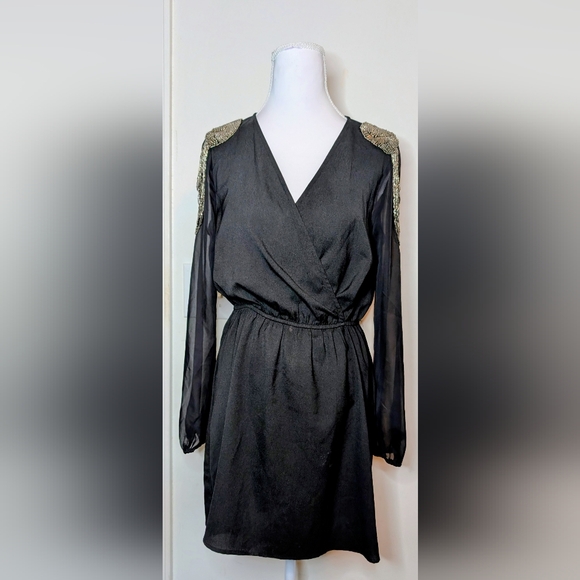 Charlotte Russe Black Beaded Shoulder Dress Long Sheer Sleeve Wrap Elastic Waist - Picture 3 of 8